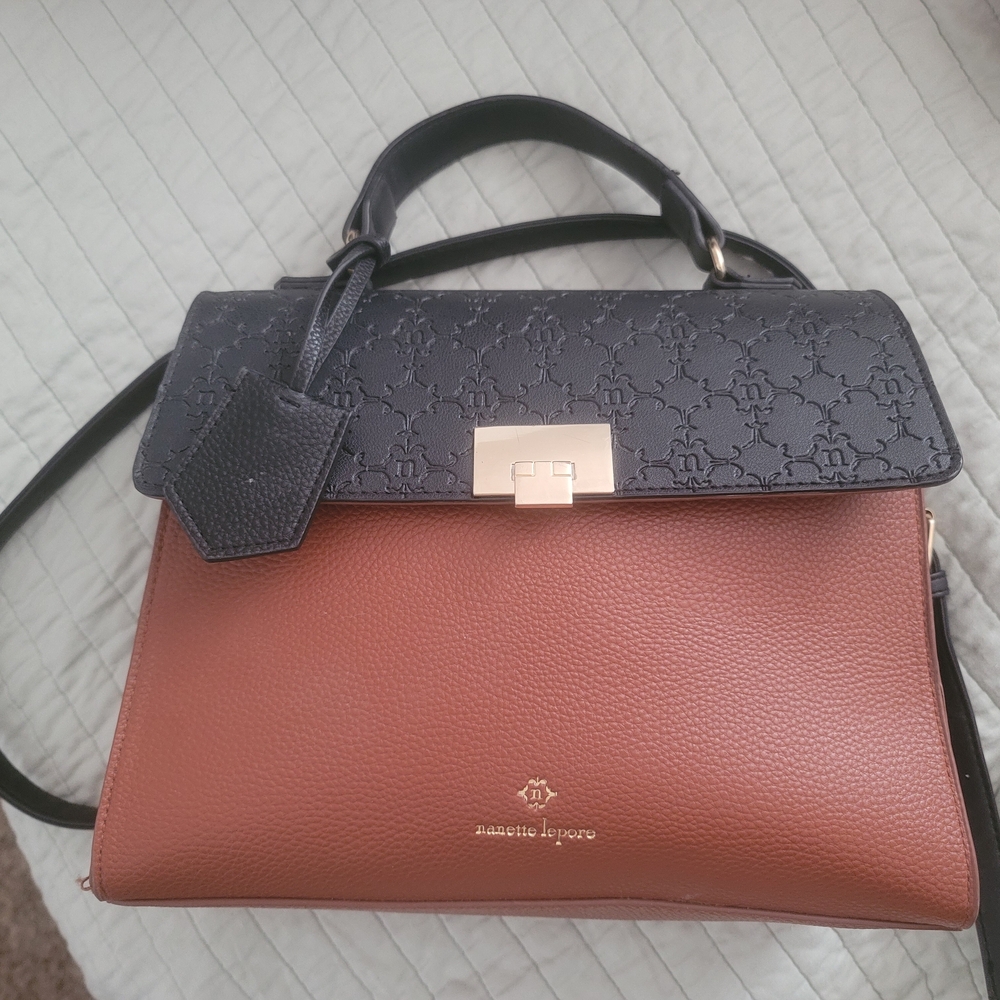Nanette Lepore Black and Brown Satchel with Gold Clasp